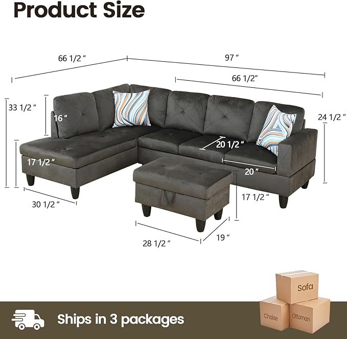 Sectional Couches for Living Room Furniture, 4 Seat L Shaped Couches with Ottoman, Modular Sectional Sofa for Apartment Furniture Sets, Grey