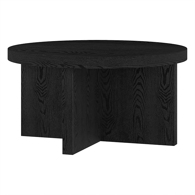 Henn&Hart 33" Round Pedestal Low-Profile Coffee Table for Living Room, Family Room, Office or Apartment, Black Grain
