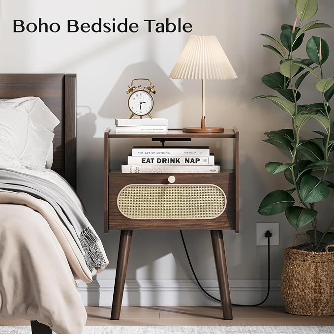 Nightstand Set of 2, Rattan Night Stands with Charging Station, Mid Century Modern Bedside Table with Drawer, Boho Dark Brown End Table with Storage, Wood Side Table for Bedroom, Dark Walnut - Image 7