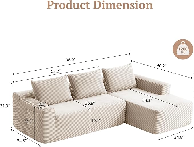 97inch Boneless L-Shaped Sectional Sofa with Throw Pillow & Side Pockets- No Assembly Compressed Modular Couch, Memory Foam, Deep Seat for Living Room, Bedroom, Apartment White Right