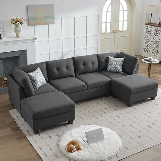 118-Inch Symmetrical Sectional Couch Linen Cloud Cushion Upholstered Sofas, U- Shaped Modular Sectional Sofa with 2 Movable Ottoman Chaise Lounges for Living Room