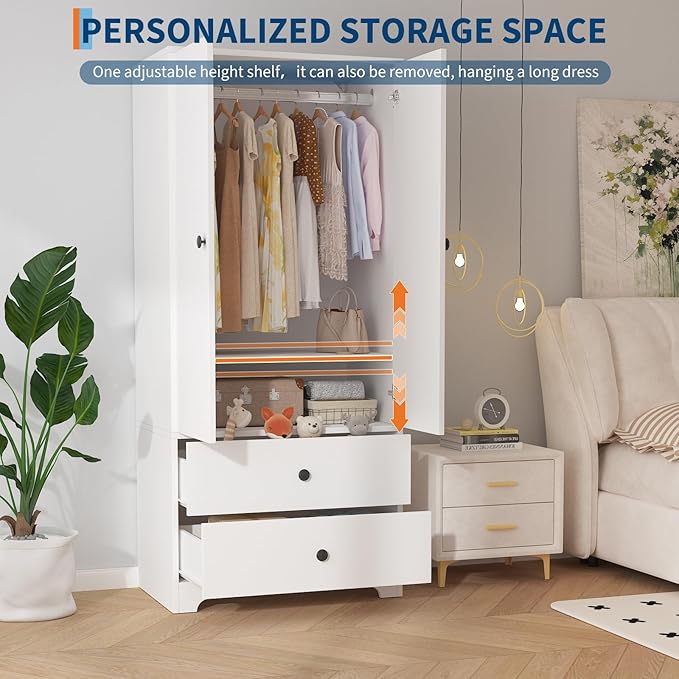 TROPOW Wood Armoire Wardrobe Closet, 71" Wood Clothing Storage Cabinets with 2 Doors, 1 Adjustable Shelf and 2 Drawers, Wardrobe Cabinet with Hanging Rod for Bedroom, Gym, Cloak Room, White