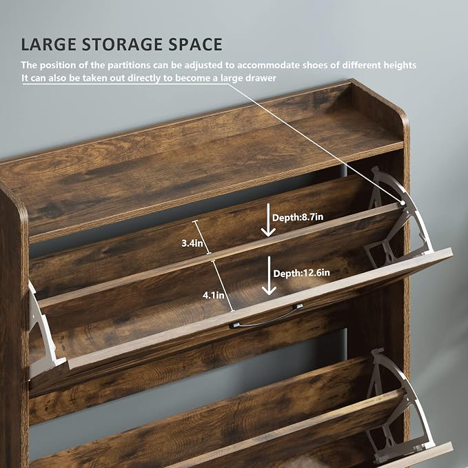 Maupvit Shoe Storage Cabinet with 2 Flip Drawers, Freestanding Shoe Organizer with Metal Legs for Entryway, Narrow Shoe Rack Cabinet, Rustic Brown - Image 6