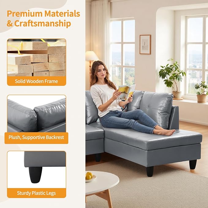 L Shape Sectional Couch, Modern Modular Sofa, 4-Seat L-Shaped Corner Sofá, Convertible Sofa&Couch, Living Room Furniture Sets with Chaise Lounge, Storage Ottoman & 2 Pillows, Faux PU Leather