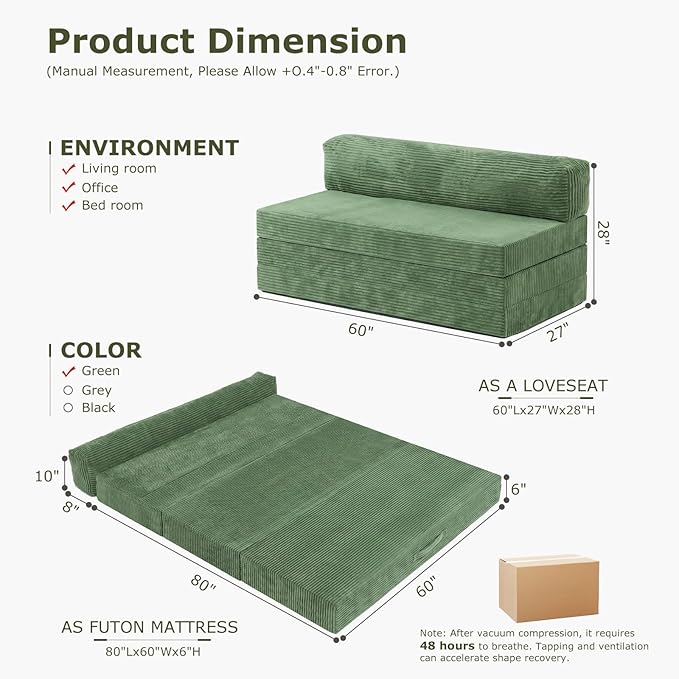 5-in-1 Convertible Sofa Bed, Boneless Loveseat Sleeper with Removable Cushions & Washable Cover, Futon Sofa Bed with Handle, Pull Out Couch for Small Spaces, Queen Size, Green
