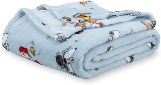 Berkshire Blanket Peanuts® VelvetLoft® Cute Character Snoopy Plush Blanket,Snoopy The Athlete Closed in Blue,Full/Queen 90 in x 90 in (Official Peanuts® Product)