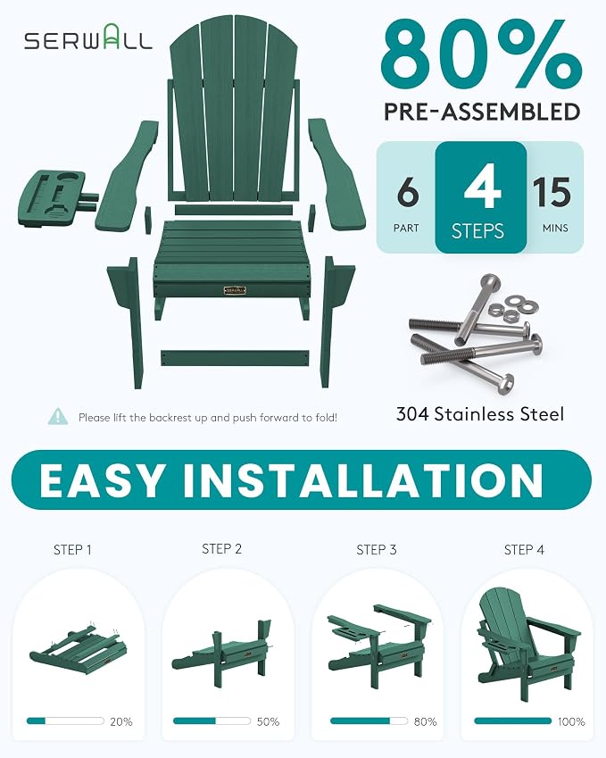 SERWALL Folding Adirondack Chair Set of 2, HIPS Adirondack Chairs with 4 in 1 Cup Holder, Weather Resistant Plastic Chairs for Patio Garden Outdoors Fire Pit - Green - Image 2