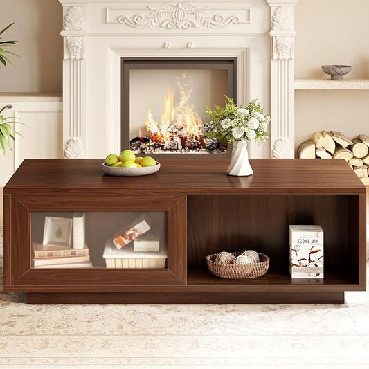 HSH Coffee Table for Living Room, Long Rectangle Coffee Table with Storage, Farmhouse Wood Low Coffee Tables, 2-Tier Wood Desktop Center Tea Table with Open Shelf, Walnut