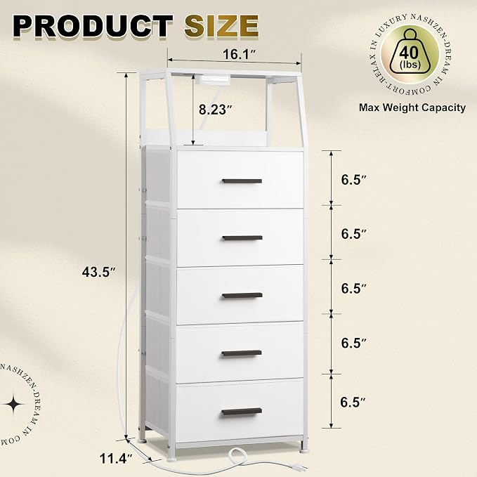 Nightstand 5 Drawer Dresser with Charging Station, Side Table with Fabric Drawers, End Table with Open Shelf, Tall Dresser for Bedroom, Hallway, Entryway - Image 3