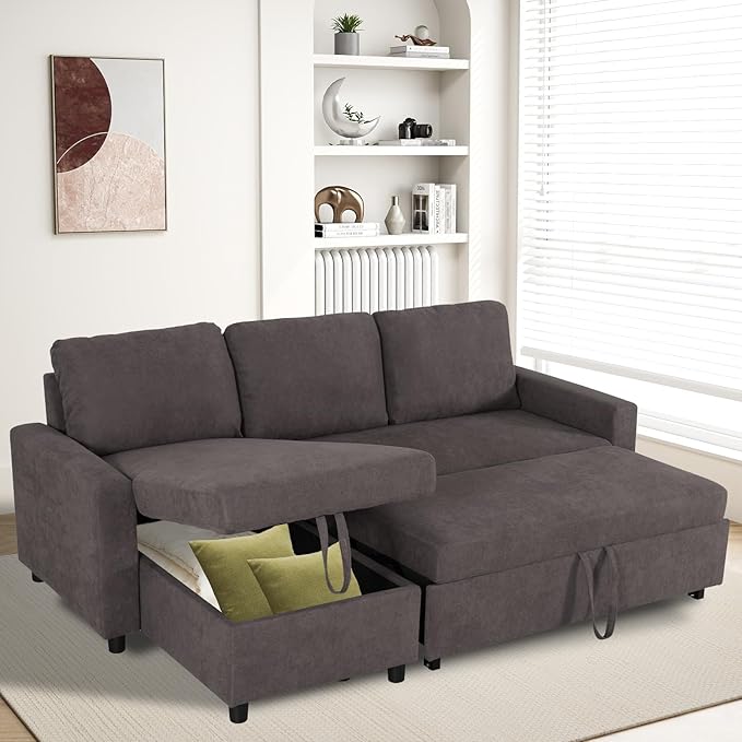 Rovibek 83" Convertible Sofa Bed Couch with Storage - 4 in 1 L Shaped Sofa with Pull Out Couch Bed for Living Room, Apartment, Office, Small Spaces, Coffee