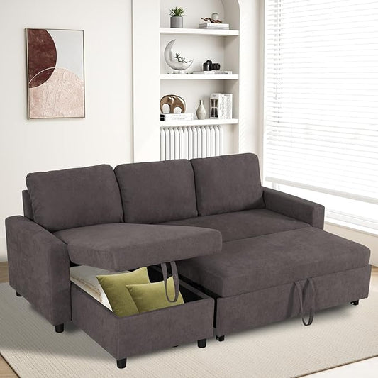 Rovibek 83" Convertible Sofa Bed Couch with Storage - 4 in 1 L Shaped Sofa with Pull Out Couch Bed for Living Room, Apartment, Office, Small Spaces, Coffee