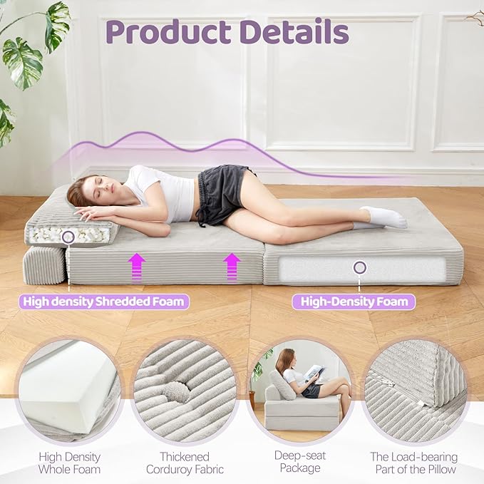 Folding Chair,Sleep Chair with High-Density Support Foam,Portable 3 in 1 Fold Out Chair with Back Support and Pillow for Bedroom、Balcony、Hotel、Apartment,Single,Silver Gray