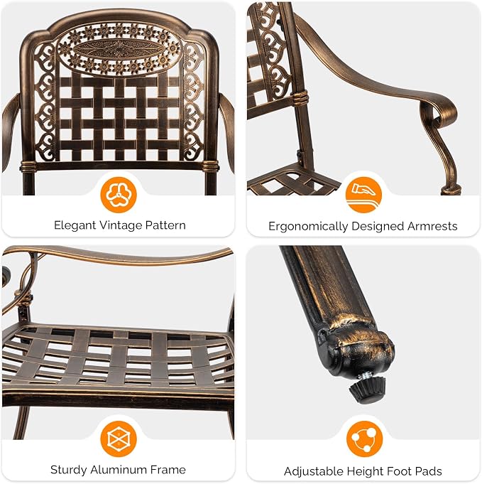 VINGLI Patio Chairs Set of 2 - Stackable Outdoor Cast Aluminum Dining Chairs with Vintage Bronze Finish and Plaid Pattern, Metal Armchairs for Poolside, Backyard, Balcony (with Cushion) - Image 8