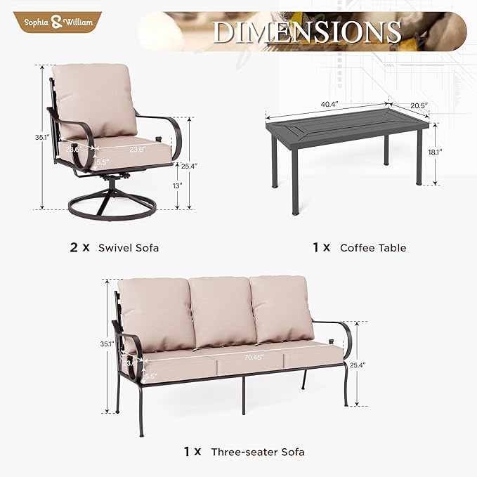 Sophia & William 4 Piece Patio Furniture Set Outdoor Couch Sofa, Patio Conversation Sets 5 Seat Clearance with 3-seat Sofa x 1, Swivel Chair x 2, Metal Coffee Table x 1 for Front Porch Lawn, Beige
