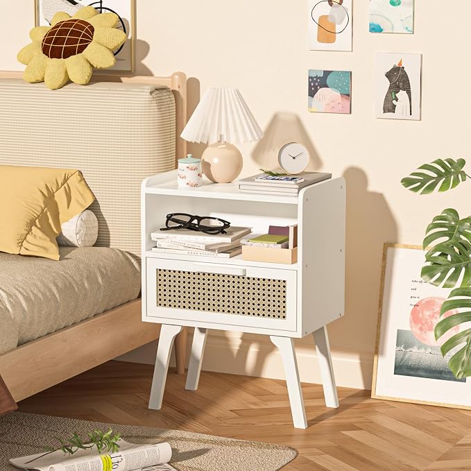 Lerliuo Rattan Nightstand, Bedside Table with Drawer Open Shelf, Cane Accent Side End Table with Solid Wood Legs, White Mid Century Night Stand for Bedroom, Dorm and Small Spaces - Image 4