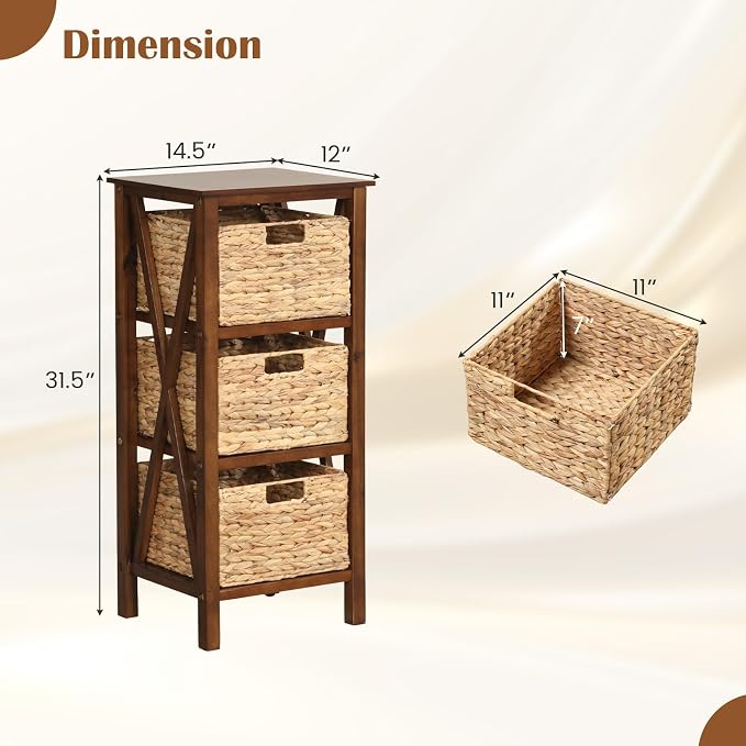 Giantex 3-Tier Nightstand with 3 Wicker Baskets, Wooden X-Design Side Table End Table, Beside Table with Acacia Wood Legs, Mid Century Accent Storage Cabinet for Small Spaces, Bedroom, Walnut - Image 3