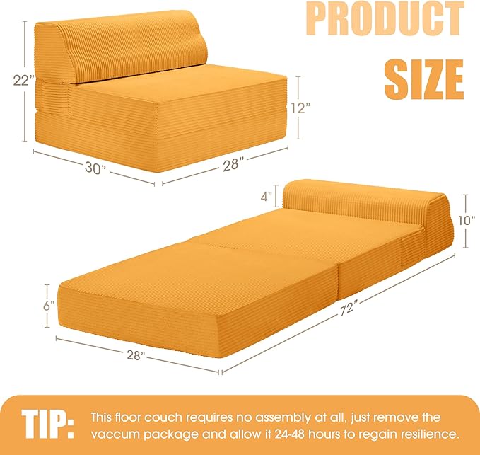 Folding Sofa Bed with Pillow, Memory Foam Fold Out Chair Bed, Convertible Sleeper Chair with Washable Cover, Futon Floor Couch for Living Room/Dorm/Guest Use/Home Office/Apartment,Orange
