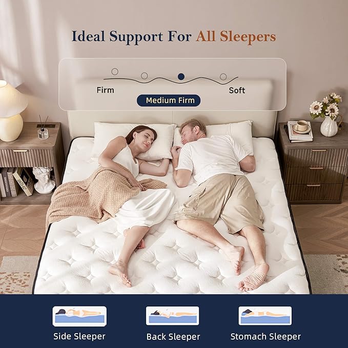 HELFIM® King Size Mattress - 14 Inch Medium Firm Ergonomic Mattress, Zoned Pocketed Coils & Memory Foam for Back Support & Motion Isolation, CertiPUR-US Certified, 365-Night Trial