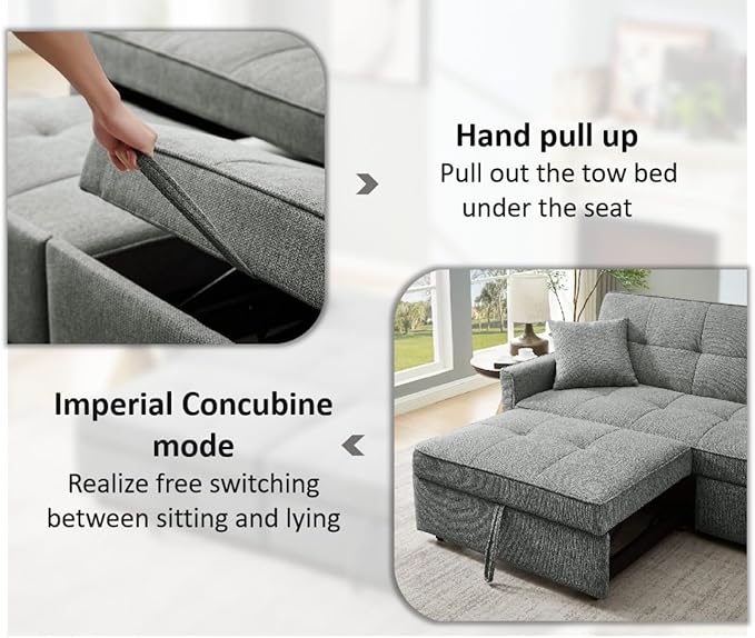 82" 3 in 1 Convertible Sleeper Sofa Bed, Modern Fabric Pull Out Couch, Loveseat Sofa with Pillows & Pockets, Futon Couch Bed Reclining Backrest for Living Room, Bedroom, Apartment, Grey