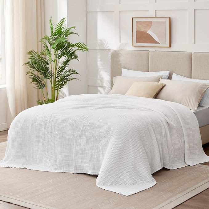 100% Cotton Muslin Blanket California King 120" x 90", 6 Layers Breathable and Lightweight Oversized Blankets for Bed, Soft Cooling Gauze Blanket for Adults All Season, White