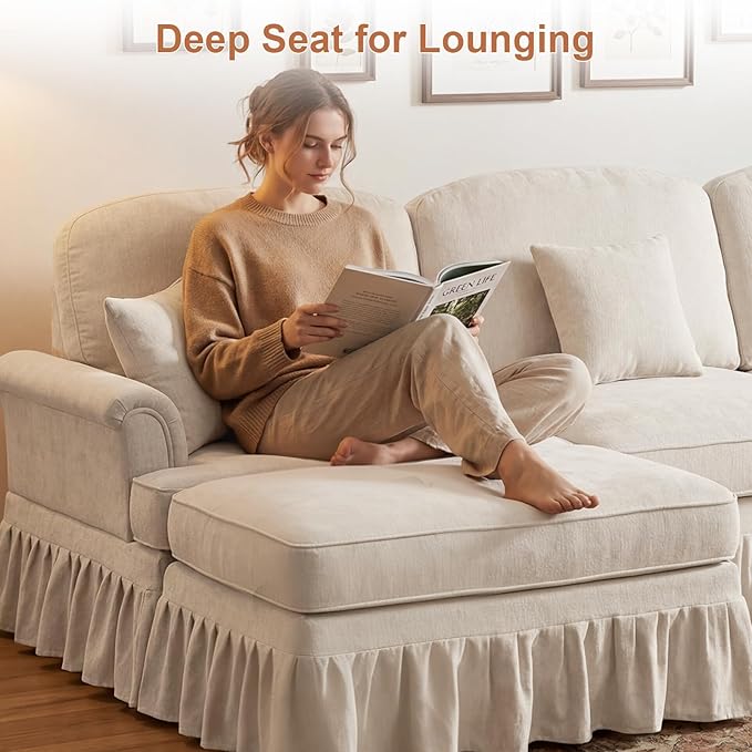 Rovibek 107” L Shaped Couch, Chenille Midcentury Modern Sofa with Detachable Ruffle Hem, Sectional Couches for Living Room with Throw Pillows & Ottoman, White