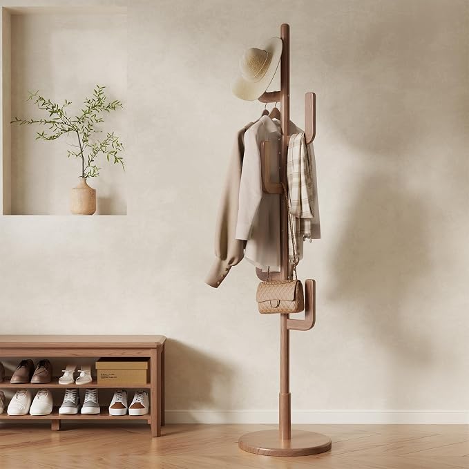 Muwuele Solid Wood Cactus Coat Rack, Freestanding Coat Rack With 6 L-Shaped Hooks and 3 Adjustable Sizes, Coat Tree for Bedroom, Entryway, Livingroom, Coat Hanger Stand for Coats, Handbags (Walnut) by Muwuele