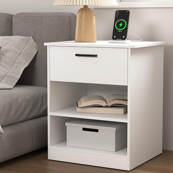 Night Stand with Charger Station, Modern Nightstand with USB Type-C Ports and AC Outlets, Large Bedside Table with Drawer and Open Storage, Wooden End Table for Bedroom (White, 1 Drawer) by VibeDine