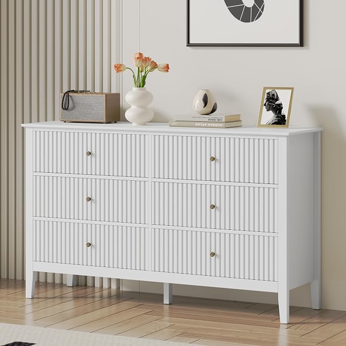 RoyalCraft White 6 Drawer Dresser for Bedroom, Fluted Painted Wood Chest of Drawers, Modern TV Stand Storage Cabinet for Living Room, Entryway, 47" W x 16" D x 32" H by Bringyoubetterlife
