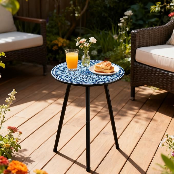 2 Packs Metal Mosaic Round Side Tables 13.4" Small Outdoor Patio Round Accent Coffee Tables Indoor Corner Stand for Small Spaces Weather-Resistant for Balcony, Porch Plant Stands Indoor, Blue Mosaic - Image 6
