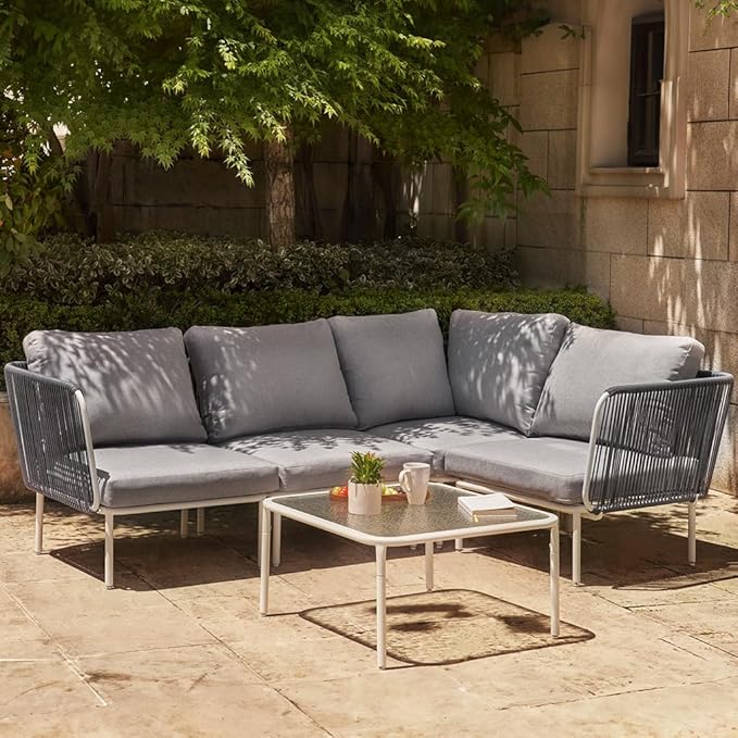 East Oak 5-Piece Montauk Modular Patio Furniture Set, Outdoor Sectional Sofa with Cushion and Glass Coffee Table, Modern Patio Conversation Set for Garden, Backyard and Porch, Grey