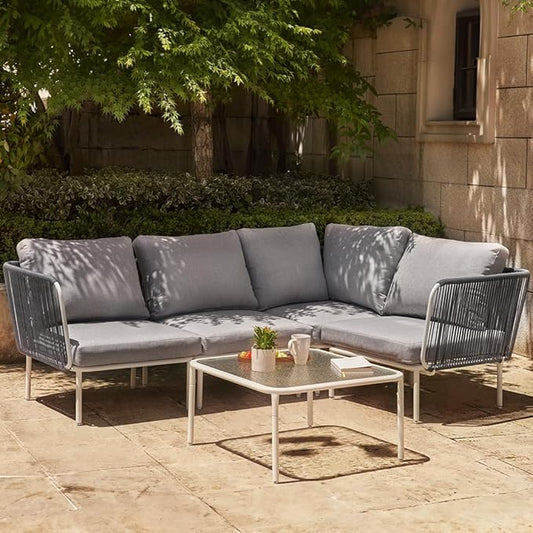 East Oak 5-Piece Montauk Modular Patio Furniture Set, Outdoor Sectional Sofa with Cushion and Glass Coffee Table, Modern Patio Conversation Set for Garden, Backyard and Porch, Grey