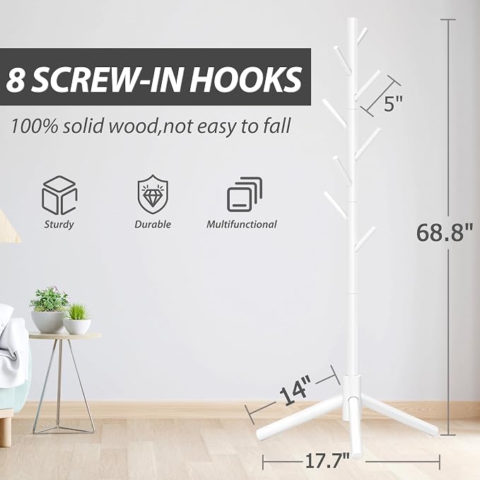 Unisakey Durable Wooden Coat Rack, Freestanding Coat Rack with Stable Triangular Base, 8 Hooks & 3 Adjustable Heights, Simple Assembly for Bedroom, Hallway, Office(New White) - Image 4