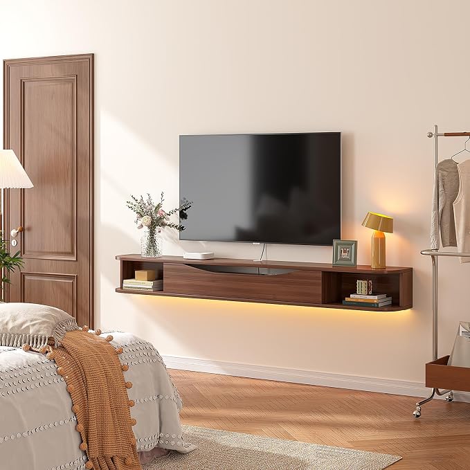 FurniNova Floating TV Stand,94'' Wall Mounted TV Cabinet,Floating TV Console,Under TV Shelf with 1 Door and 2 Cabinets for TVs up to 90''(Walnut) - Image 7