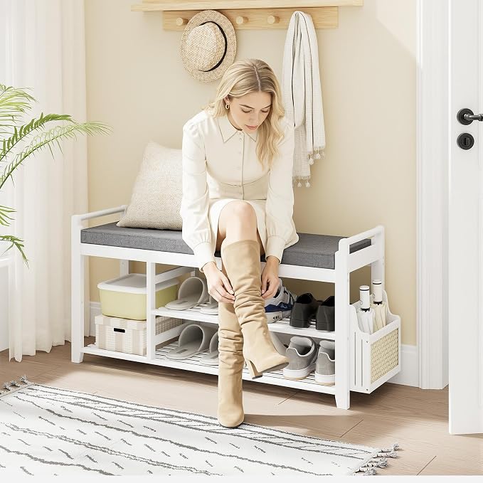 Homaxy 2-Tier Shoe Rack Bench with Side Holder, 39.4 in Bamboo Entryway Bench, Shoe Rack Organizer with Cushion for Front Entrance, Hallway Living Room Bedroom, White and Dark Grey - Image 5