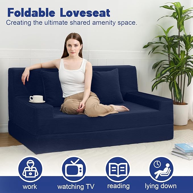 MeMoreCool Corduroy Boneless Sofa Bed Queen – Folding Futon Couch with High-Density Foam, Convertible Floor Sleeper & Pillow, Machine-Washable Cover for Guest Room, Bedroom, Small Apartment