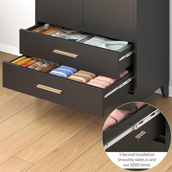 75.3" Tall Metal Armoire Wardrobe Closet with 2 Doors and 2 Drawers, Adjustable Hanging Rod and Adjustable Shelf, Freestanding Storage Cabinet Organizer for Bedroom, Office, Laundry Room，Black