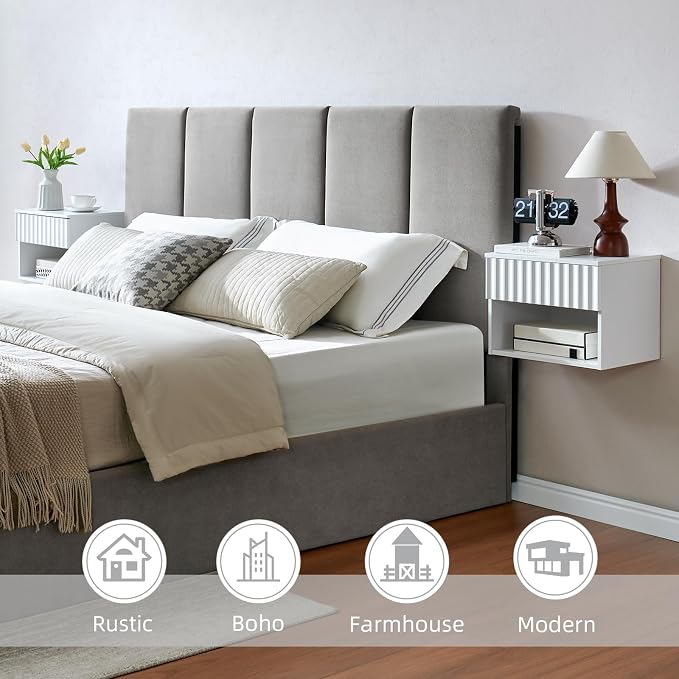 BuildHom Floating Nightstand with Fluted Drawer - Modern Wall Mounted Bedside Table with Open Storage Shelf, Small Night Stand TV Stand for Bedroom(Matte White, Set of 2) - Image 4