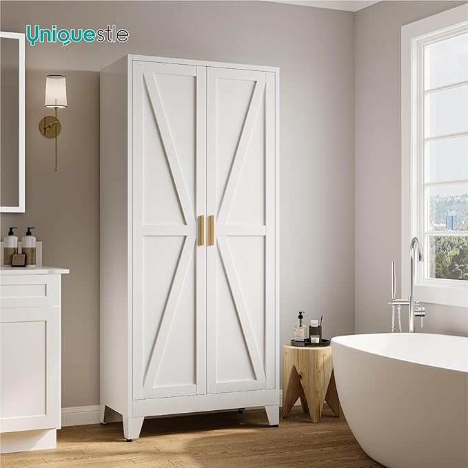 71" Tall Metal Armoire Wardrobe Closet with Hanging Rod and 3 Adjustable Shelves,White Storage Cabinet,Steel Wardrobe for Bedroom Garage Laundry Room Office Apartment Amployees,6 Tier 1 Pack