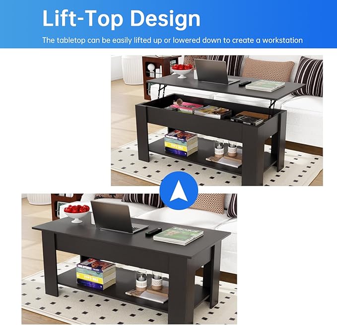 PayLessHere Coffee Table Lift Top Coffee Tables with Hidden Compartment and Storage Shelf Wooden Lift Tabletop Dining Table for Living Room Home (Black, 47" D x 31" W x 25" H)