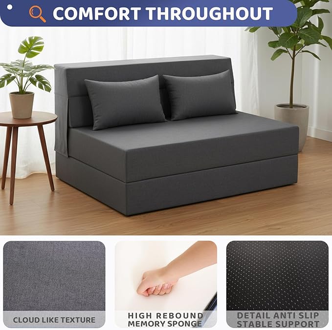 Folding Sofa Bed, Foldable Sleeper Chair with Pillow, Convertible Fold Out Chair Bed with Washable Cover, Foldable Mattress for Living Room, Bedroom, Guest Room, Single Size, Dark Grey