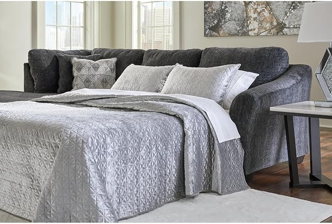 Signature Design by Ashley Biddeford Contemporary Left-Arm Facing Convertible 2-Piece Sleeper Sectional with Chaise, Bi-Fold Memory Foam Mattress and 4 Accent Pillows, Full, Gray