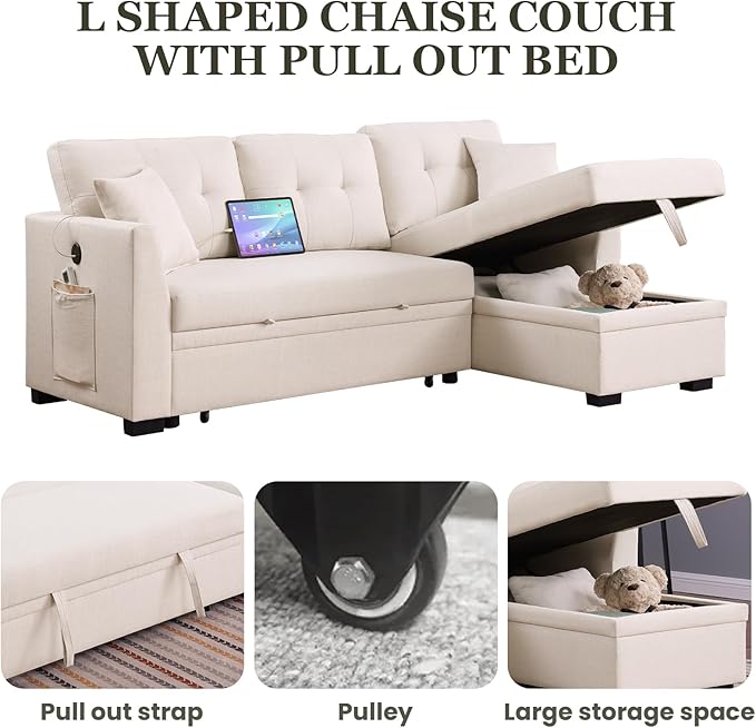 Convertible L-Shape Sofa Bed with Storage Space-Saving, Features Pull-Out Sleeper and Charging Ports for Apartment Living Room and Office, White