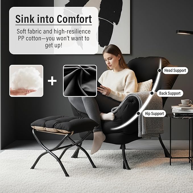 Furlide Lazy Chair with Ottoman, Modern Accent Chair with Armrests and a Side Pocket, Black Accent Chairs, Reading Chairs, Oversized Armchairs for Bedroom, Study, Living Room, Courtyard