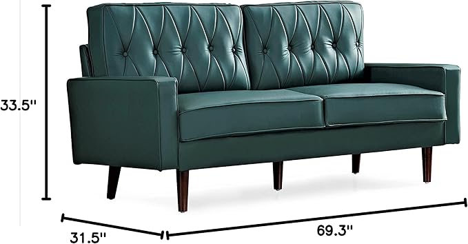 Container Furniture Modern Style Faux Leather Sofa with Elegant Round Tapered Legs and Button Tufted Backrest Perfect for Living Room, Bedroom or Home Office, 69.3’’ Wide, Blue Green