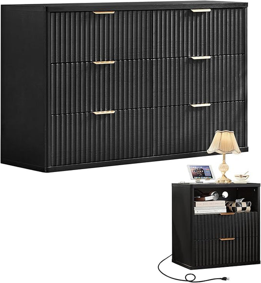 LEYAOYAO Fluted Dresser and Nightstand Sets, Wood 48" Wide Dresser & 23" Night Stand with Charging Station, 2 Piece Bedroom Furniture Set, Chest of Drawers for Bedroom, Home, Living Room,Black
