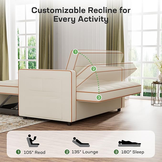 Marsail 3-in-1 Convertible Futon Sleeper Sofa Bed, Pull Out Couch with Adjustable Backrest, USB Charging & Side Pockets, Velvet Fabric Sofa Loveseat for Living Room, Apartment, Ivory White