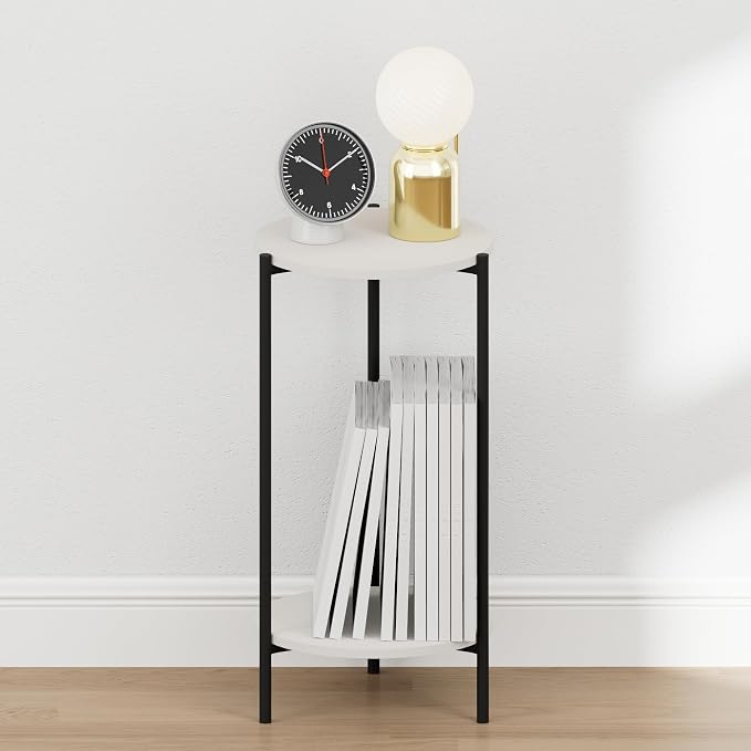 Furinno BESI Night Stand, 2-Tier Tall Round Nightstand with Metal Legs, Metal Frame Narrow End Table with Open Shelf, Side Table, Bedside Table, for Bedroom, Closet, Dorm, White - Image 4