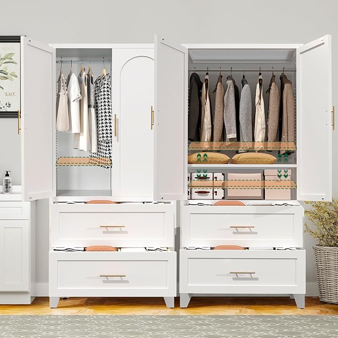 71" Metal Armoire Wardrobe Closet with 2 Drawers, Freestanding Arched 2-Door Tall Clothing Storage with Adjustable Shelves and Hanging Rod for Bedroom Dorm, White