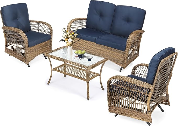 MEETWARM 4 Pieces Outdoor Wicker Patio Conversation Sets with Glider Loveseat, 2 Chairs with Glass-Top Coffee Table Wicker Rocking Glider Set, Wicker Conversation Set w/Thickened Cushions, Navy Blue