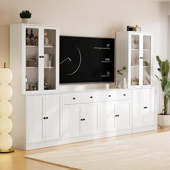 TUSY 71" TV Stand Storage Set - 2 Tall Bookcases & 2 Side Cabinets, Media Console with Glass & Wood Doors, Entertainment Center with Drawers, Tall Media Console for Living Room (White, AEEA) by TUSY